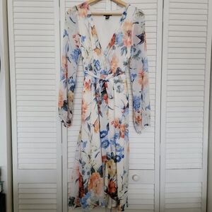 Express Long Sleeve Floral Wrap Tie Waist Midi Dress